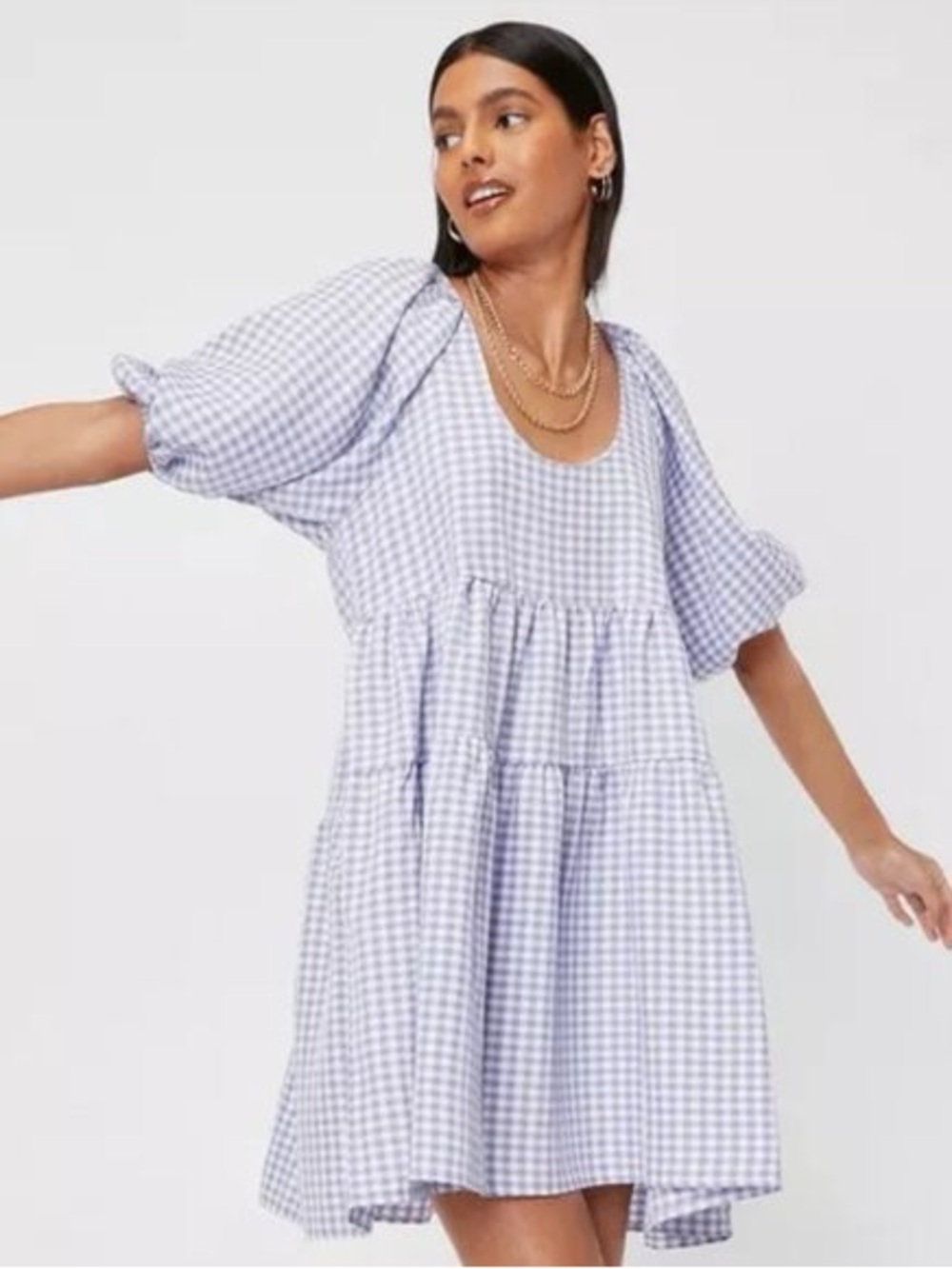 Boohoo Lavender Gingham Puff-Sleeve Tiered Mini Dress